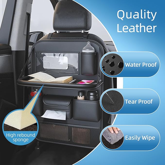 Primst 2 Pack Leather Car Backseat Organizer with Foldable Table Tray, Car Storage Organizer with Tablet Holder, Car Seat Back Protectors Kick Mats Travel Accessories