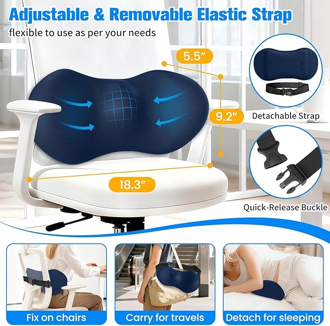 Lumbar Support Pillow for Office Chair - Memory Foam Lumbar Pillow with Detachable Strap & Breathable Cover, Ergonomic Back Support for Office Chair, Car, Bed Rest (Blue)