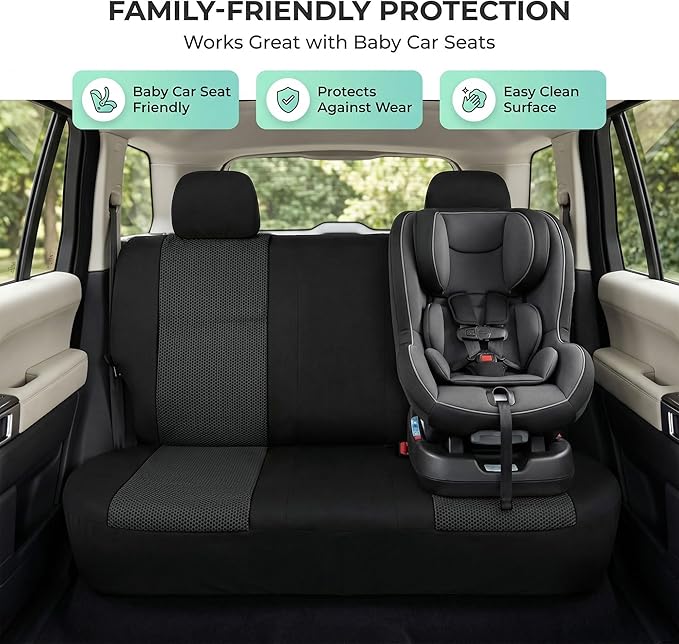 FH Group Automotive Rear Car Seat Covers for SUV, Trucks, Sedan and More - Universal Fit Front High Back & Rear Solid Bench Design Interior Accessories - 3D Mesh Fabric Center Panel - Black