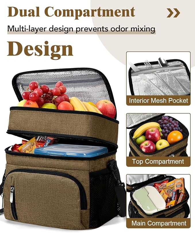 Insulated Lunch Bag for Men & Women, Double Leakproof Lunch Box Soft Cooler Tote with 5 Pockets, 600D Oxford, EVA Lining, Adjustable Strap for Work, Picnic, Beach&Travel-Coffee