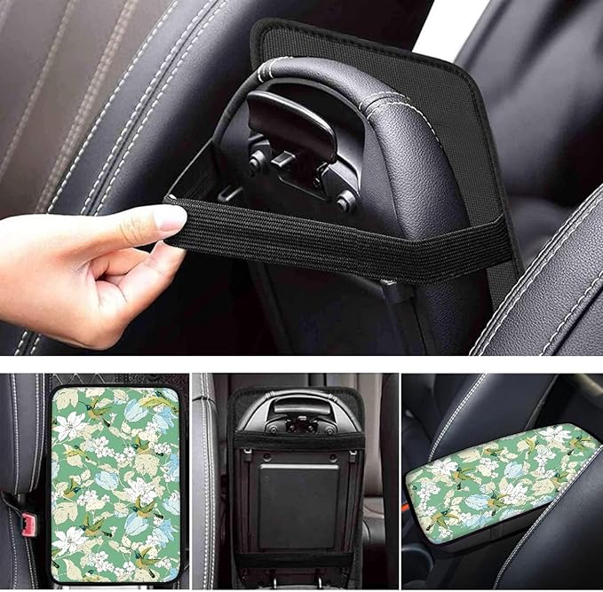 Coldinair Green Hummingbird Floral Car Armrest Cover,Auto Center Console Pad,Soft Seat Cover Protector Cushion,Car Accessories Decor for Most Cars,Sedan,Truck,SUV