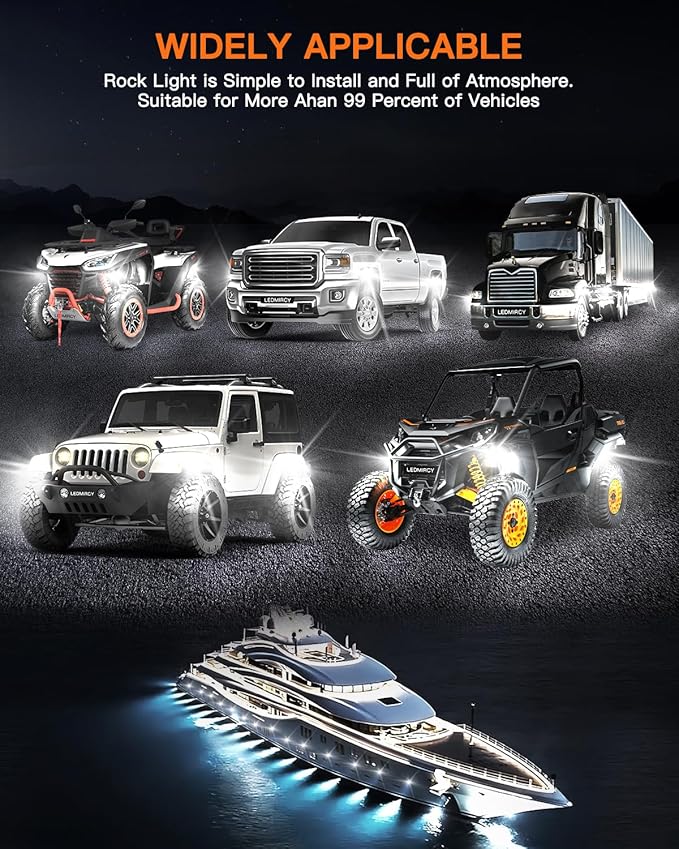 White Rock Lights,LEDMIRCY R1 LED Rock Lights Kit with Toggle Switch Wiring Harness 16PCS Luces para Carro for Trucks ATV UTV Under Glow Light High Power IP68 Waterproof