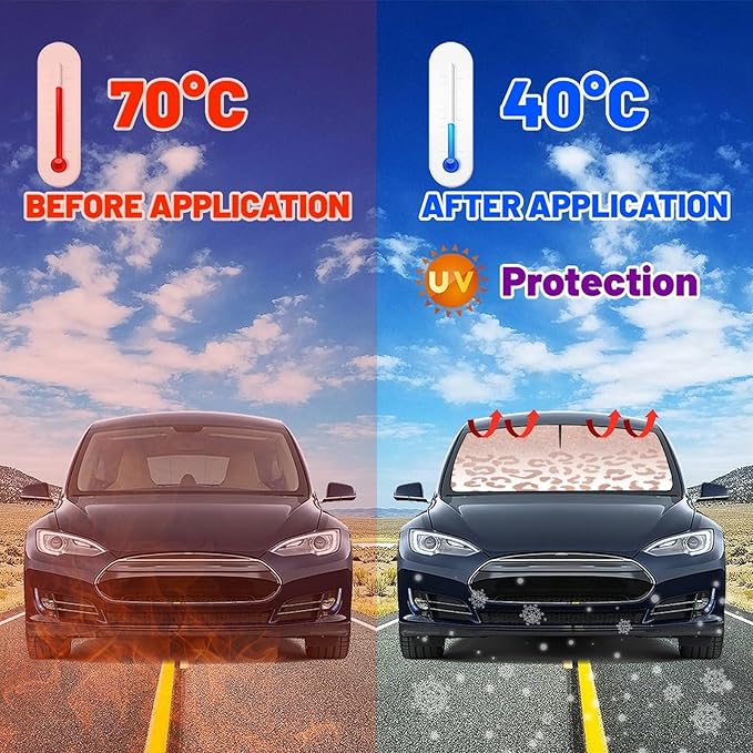 Socira Rose Gold Leopard Car Windshield Sunshade Umbrella Foldable Umbrella Cute Sun Shade Windshield Cover Sunshade Leopard Print Car Accessories Keeps Cool (57" X 30")