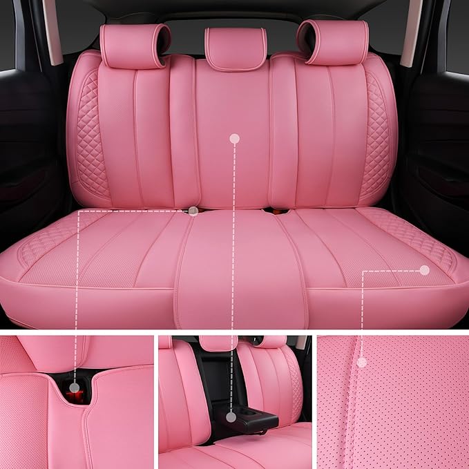 CAR PASS Nappa Pink PU Leather Car Seat Covers Full Set Cute for Women Waterproof Cushioned,Universal Fit for Sedan SUV Pick-up Truck,Automotive, Anti-Slip Front and Backseat Luxury Premium (Pink)