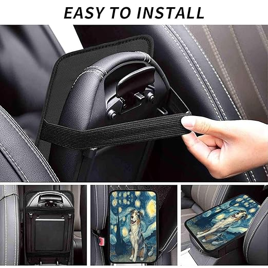 Starry Night Cute Blue and Brown Dog Car Auto Armrest Cushion Cover Accessories Center Console Seat Box Pad Protector Universal Decoration for Most Vehicle SUV Truck