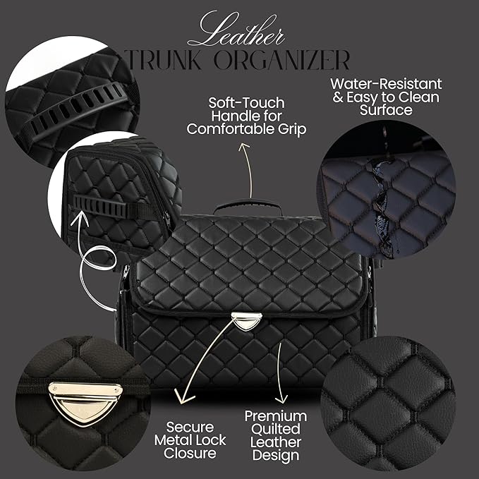 Leather Trunk Organizer with Lid for Suv and more, Foldable Car Organizer, Car Organizers and Storage with Pockets, Non-Slip Design (Black-Black)