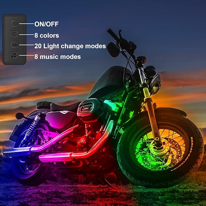 10Pcs Motorcycle LED Underglow Kit, RGB LED Strips Lights with APP Control, Compatible with Harley Davidson, Honda, Kawasaki, Suzuki