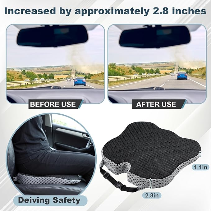 2 Pack Wedge Car Seat Cushion, Memory Foam Seat Cushion with Adjustable Strap for Car and Truck, Sciatica and Back Pain Relief, Comfort for Anti Slip and Breathable, Office, Long Drive