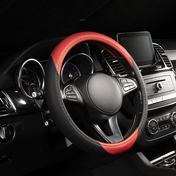 Lord Autofashion Steering Wheel Cover – PU Leather, Non-Slip Rubber Inner, All-Season Comfort – 14.5–15 Inch (Black/Red 7414)