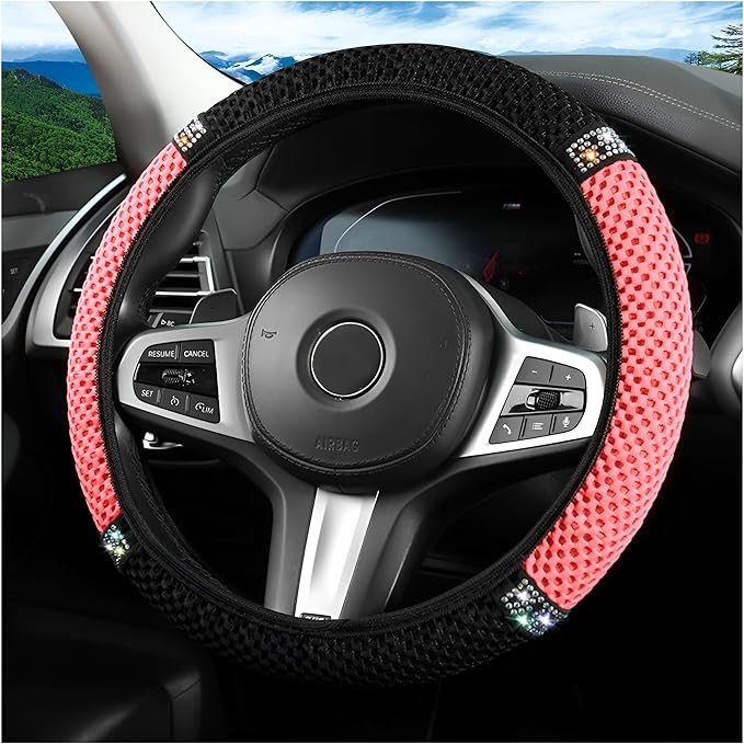 Bling Car Steering Wheel Cover, 15 Inch Crystal Rhinestones Elastic Stretch Breathable Vehicle Steering Wheel Protector for Women Girls, Universal Auto Interior Accessories (Black Rose Red)