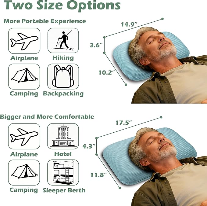 Cooling Camping Pillow, Memory Foam Travel Pillow with Adjustable Buckle Strap & Storage Bag, Compact Small Pillow for Airplane, Car Lumbar, Office, Washable Cooling Cover, Glacier Blue