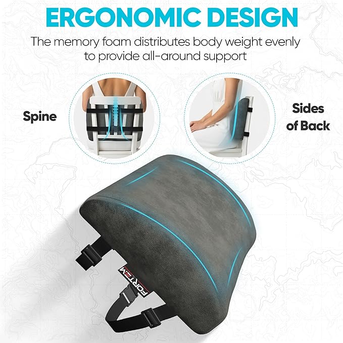 FORTEM Lumbar Support Pillow for Office Chair, Lumbar Support Pillow for Car, Back Rest for Gaming, Memory Foam Pillow, Desk Chair Cushion, Breathable & Washable Cover, Adjustable Straps