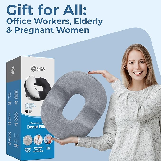 5 STARS UNITED Donut Pillow Hemorrhoid Tailbone Cushion – Large Floor Cushion for Pain Relief – Coccyx, Prostate, Sciatica, Pelvic Floor, Pressure Sores, Pregnancy, Postpartum Recovery, Gray