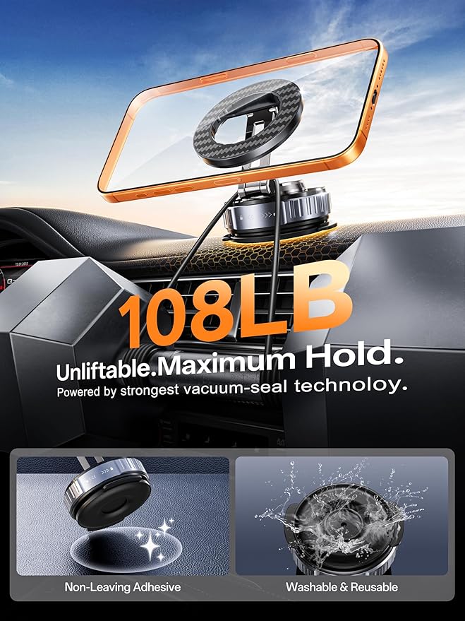 snanlen 2026 Upgraded Car Phone Holder for Magsafe [108LBS Strongest Suction] 360° Adjustable Vacuum Magnetic Phone Holders, Cell Phone car Mount for iPhone 17 Pro Max 16 15 14 13 12 Air Plus