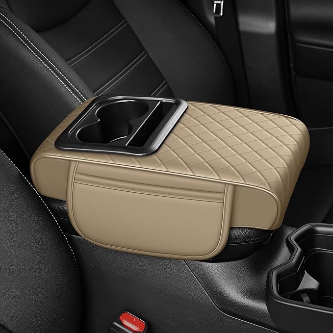 Center Console Cover Fit for Kia Sorento 2003-2025 with 2 Storage Bags Waterproof Leather Quilted Pattern Car Armrest Cover Cushion Elevating Pad Anti-Slip(Beige)