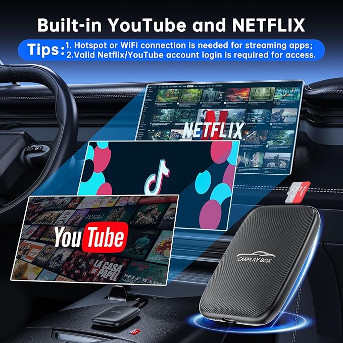 5-in-1 Android Auto Wireless Adapter and Apple CarPlay Adapter, Wireless Carplay Adapter with Netflix YouTube TF Card, Plug & Play, Easy Setup, Magic Video Ai Box for OEM Wired Apple Car Play Cars