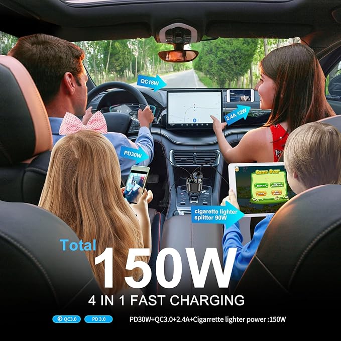 USB C Car Charger, 90W Cigarette Lighter Adapter Dual USB Fast Charging PD QC 3.0, 12V/24V Car Charger Socket Splitter with LED Voltmeter for Smart Phone GPS Dash Cam