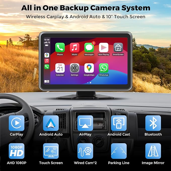 Truck RV Camera System with CarPlay & Android Auto,10'' Touch Screen Monitor with Recording & Voice Control & Navigation, 2 HD1080P Wired Rearview Backup Camera for Semi Trucks, RVs, Trailers