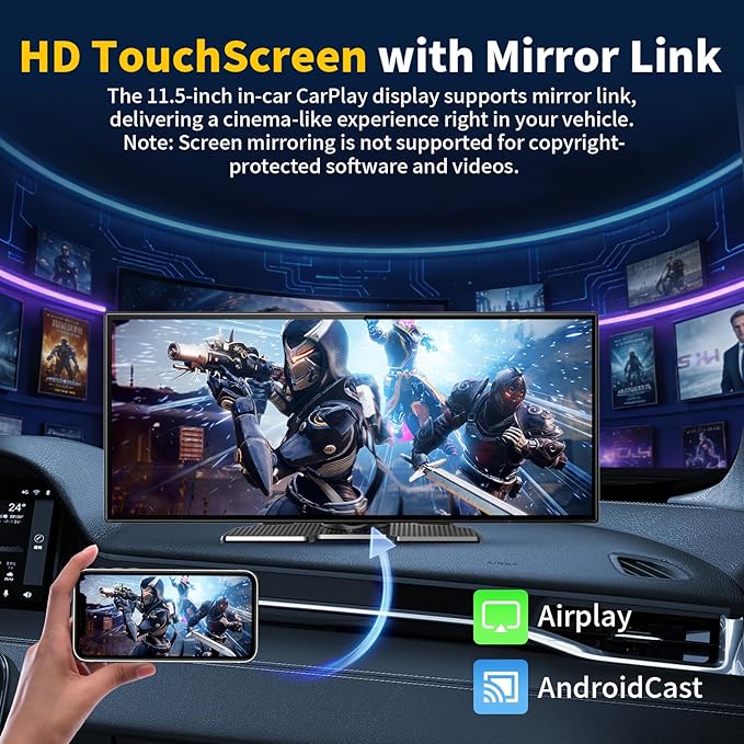11.5" Largest Wireless Carplay HD Screen for Carplay & Android Auto Car Stereo with 4K Dash Cam 1080P Backup Camera, GPS Navigation/Bluetooth/Mirror Link/Voice Control/AUX/FM/Siri