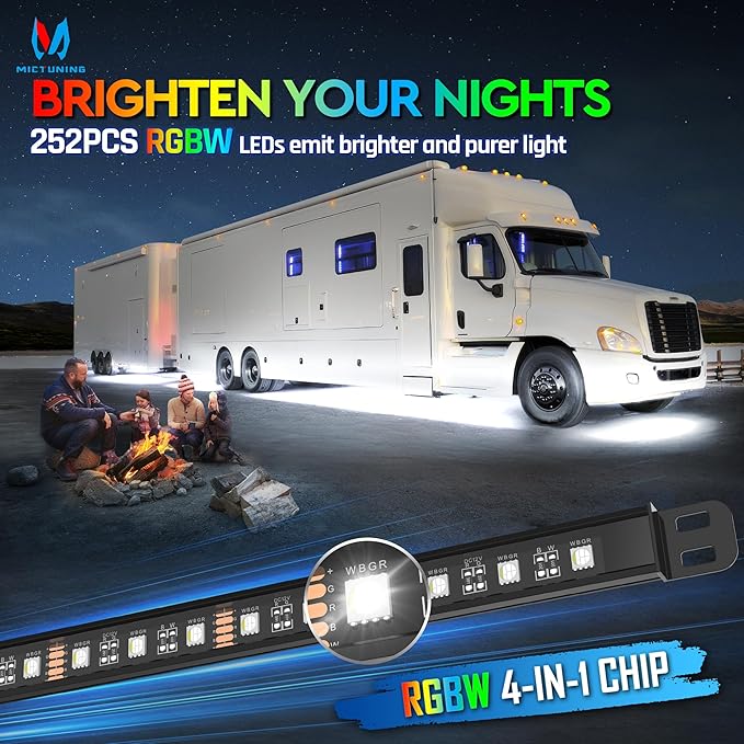 MICTUNING N8 RGBW Underglow Light Bars Specially for RVs, App/Remote Control, Aluminum Housing Waterproof, Exterior Neon Accent Underbody LED Light Strips, w/ 2PCS 11.5FT Extension Cords, 8PCS