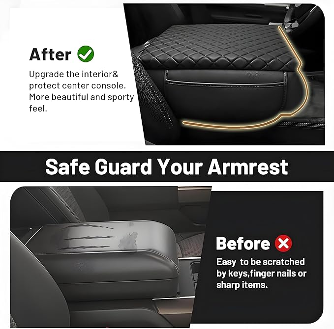 Center Console Cover Fit For Ford F-150 2025-2021 Armrest Cushion Cover 1-In Thickened Fully Coverage Center Console Lid Protector Pad Wtih Side Pocket PU Leather Anti-Scratch (Bucket Seat Only)