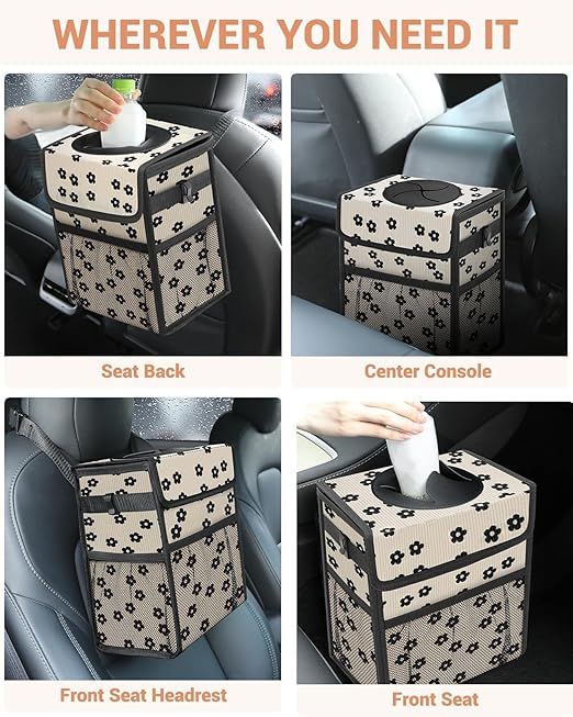 Capolo Car Trash Can with Lid, Leakproof Car Trash Bag Hanging Waterproof Automotive Garbage Can with Storage Pockets Mini Vehicle Trash Bin for Back/Front Seat(Black Flower,2.5 Gallon)