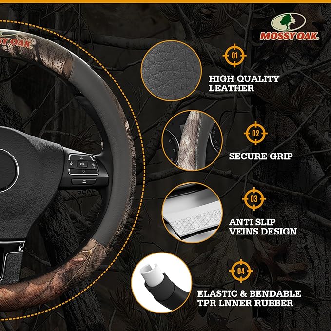 Mossy Oak Full Camo Steering Wheel Cover - Made from Premium Leather, Universal Fit for 14 1/2 to 15 inches - Official Licensed Product - Gray Color