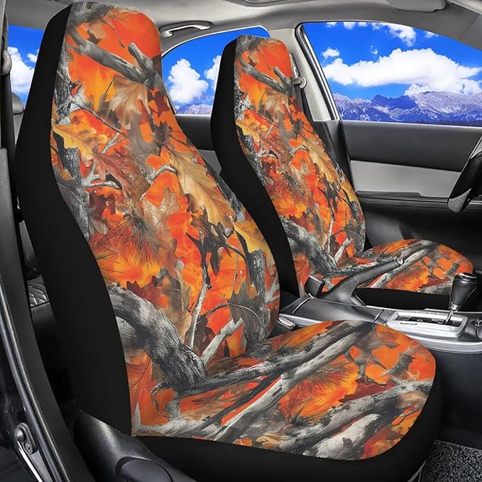 ELEQIN Orange Camo Hunting Car Seat Covers Two Front Only for Car, Automotive Interior Covers, Quick Setup Universal Fit Seat Covers for Car, Truck, SUV