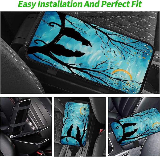 Car Armrest Cover Pads Universal Fashion Cute Auto Center Console Armrest Cover Pad with 2PCS Car Coasters Soft Waterproof Car Armrest Seat Protector for Women, Two Cats Tree Branch Moon