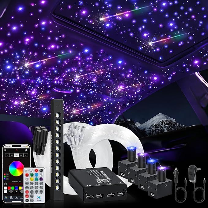 Split Car Starlight Headliner Kit, 4 Colors 12W Meteor Fiber Optic Starlight Kit, 600pcs*0.02in*9.8ft+240 RGBW Sound Activate Shooting Star Lights for Ceiling Car Roof/Home Decor
