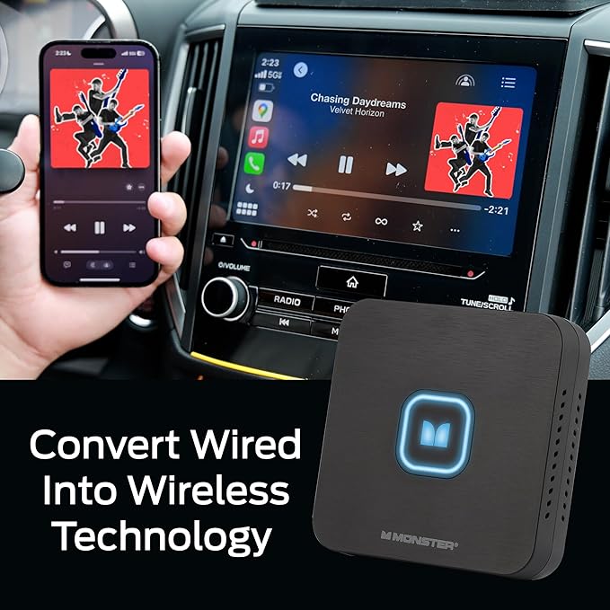 Monster Wireless CarPlay Adapter, Wireless Android Auto Adapter, Convert Wired to Wireless CarPlay & Android Auto, Compact Dongle for Factory Wired CarPlay Cars, USB-C & USB-A Cables Included