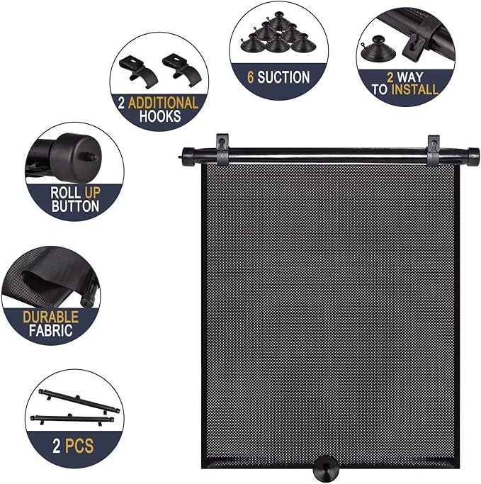 PLTCAT 2 Pack Large Car Sun Shade Side Window for Baby, Roller Vehicle Shades Sun Protection Shade for SUV Truck Side Window(Large-18''x20'')