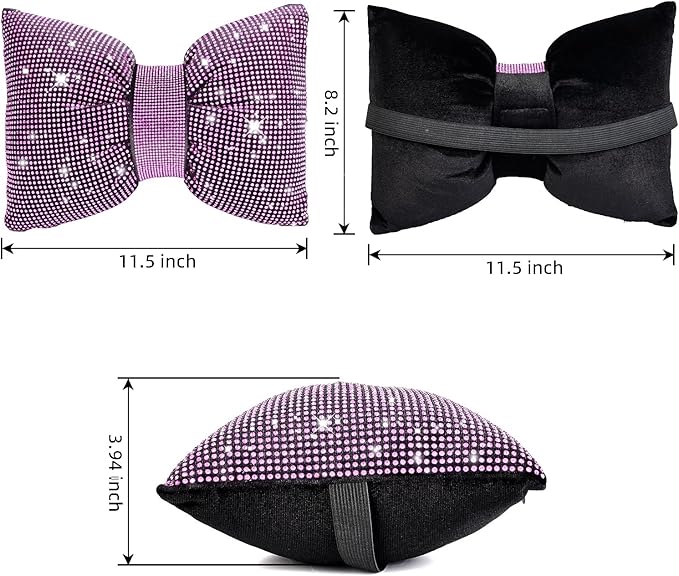 4 PCS Bling Car Pillows,Rhinestones Bowknot Car Headrest Pillow,Car Neck Pillow for Driver Relax Necksupport,Sleeping Travel Support Neck Pillow,Shiny Diamond Interior Accessories for Women,Pink