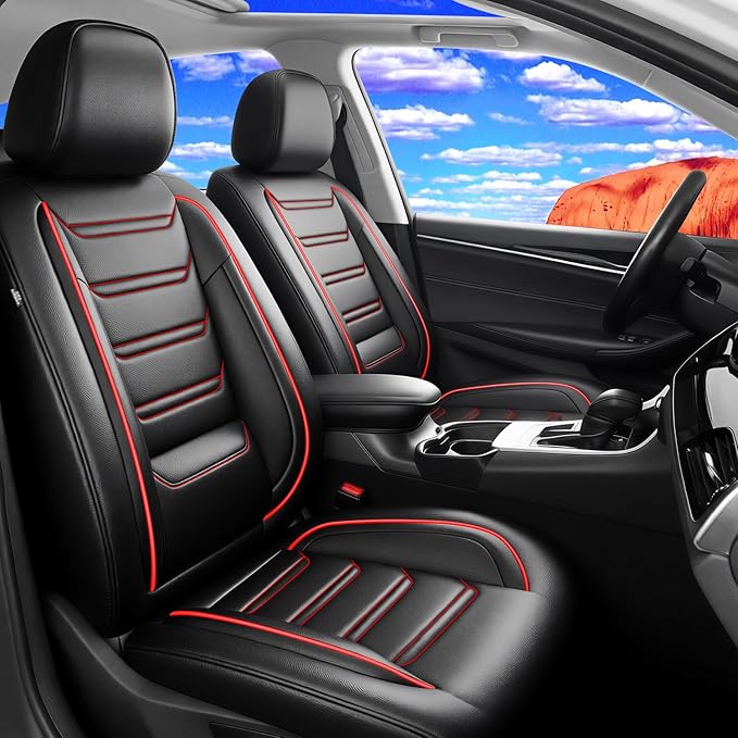 Fit Civic Car Seat Covers (2 Row 5 Seats) for Select Honda Civic 2020-2025 2026 Sedan(Not for Coupe) - Premium Full Coverage Leather, Waterproof All-Weather Breathable Seat Protector, Red Trim