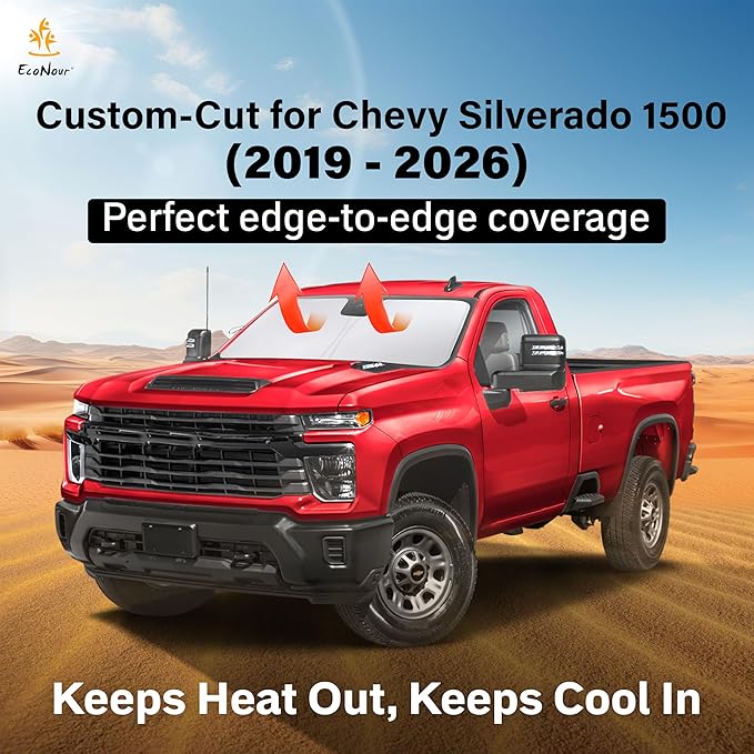 EcoNour Windshield Sunshade Compatible for Chevrolet Silverado 1500 2019-2024 2025 2026, Sun Visor for Front Windshield & Window Sun Shade Cover, UV Heat Blocker & Protector, Car Accessories