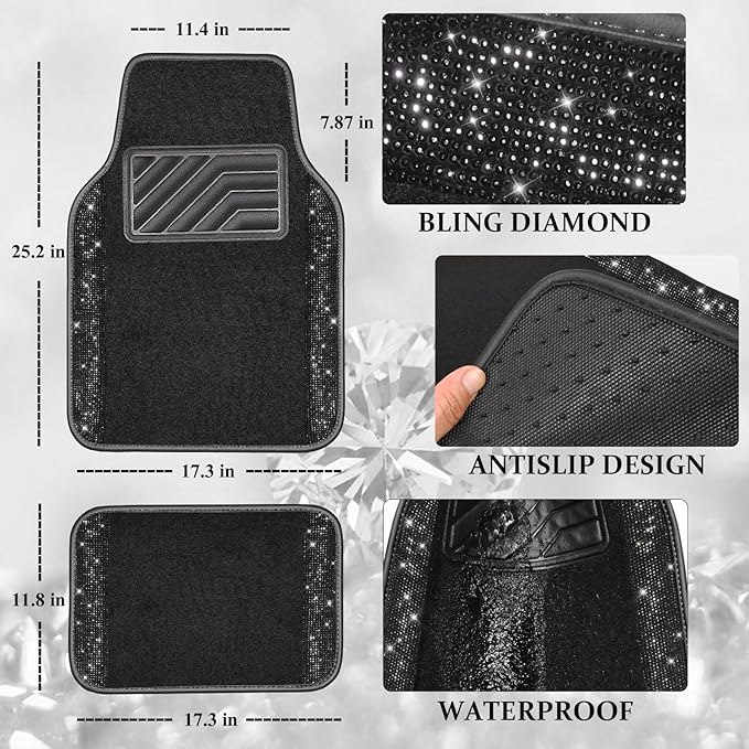 CAR PASS Bling Diamond Car Floor Mats, Sparkling Crystal Shining Glitter Rhinestone Carpet, Anti-Slip PVC Heel Pad Waterproof Universal for Automotive SUV,Sedan,Van,4pcs Girl Women Men Black Diamond