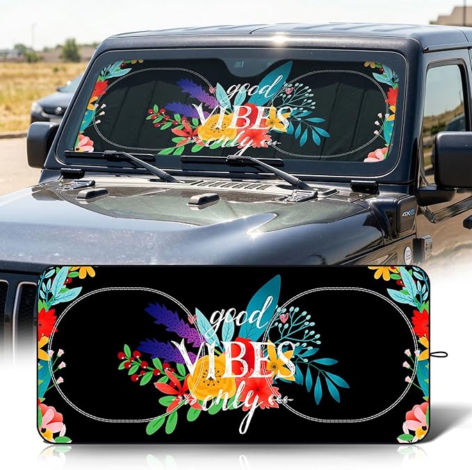 63"x28.5" Car Windshield Sun Shade with Storage Pouch, Stylish Printed Front Window Sunshade with Double Ring Frame, Universal Fit Foldable Heat Blocker & UV Protector for SUV, Sedan (Good Vibes)