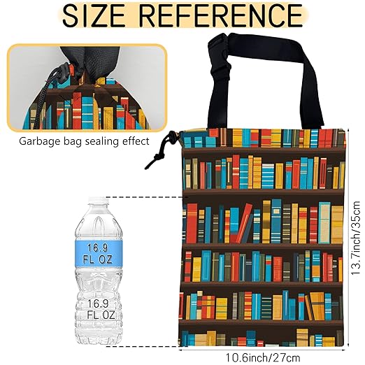 Cartoon Bookshelf Car Trash Bag, Strap Drawstring Car Garbage Bags,Car Back Seat Organizer with Adjustable Buckle for Car Accessories