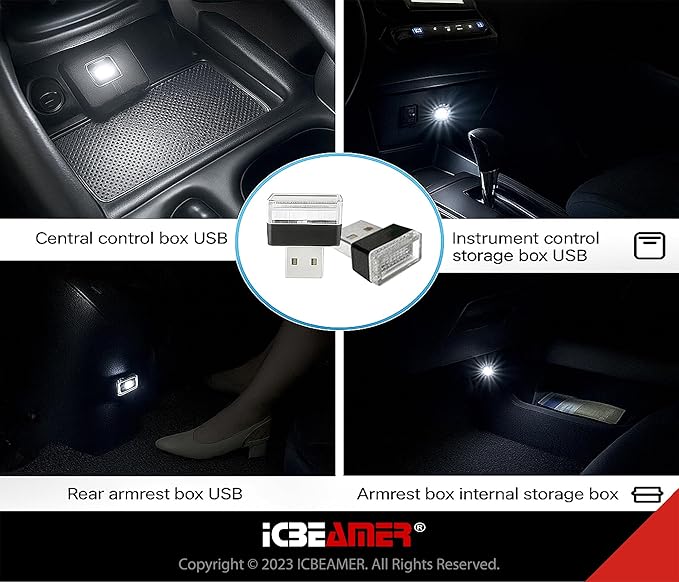 ICBEAMER USB Interface Miniature Night Light 1-Pack (White) | Universal Plug-in LED for Car Interior and Trunk Ambient Atmosphere