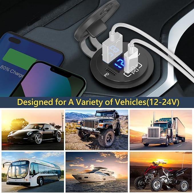 12V USB Outlet Qidoe USB C Car Charger Socket Dual PD 30W and 18W QC3.0 Port USB Car Socket with Voltmeter Button Switch Lengthened Waterproof USB Power Outlet for Car Boat Marine RV Vehicle