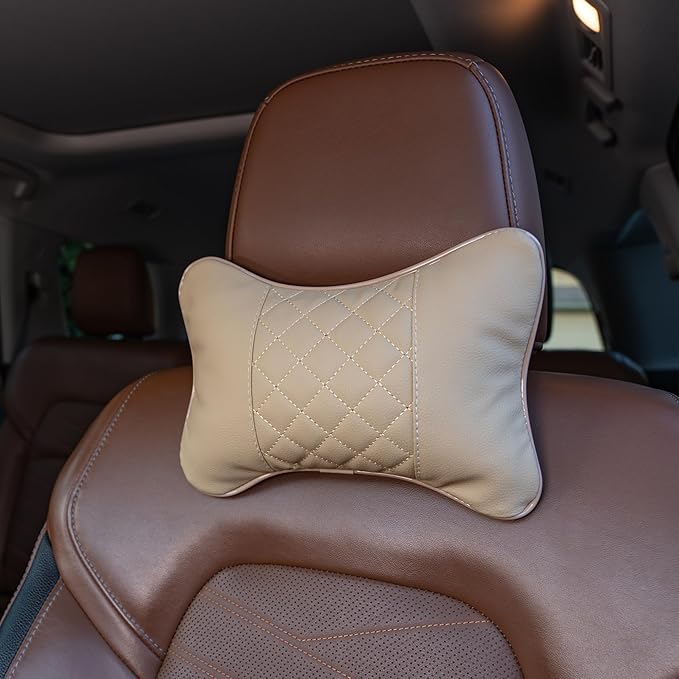 Set of 2 Quilted Faux Leather Car Headrest Pillow, Black Case/Black Threading, Ergonomic Neck Support for Comfortable Driving (Tan Base/Beige Thread)