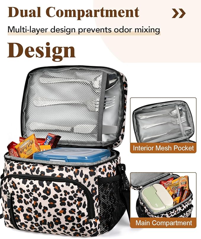 Insulated Lunch Bag for Men & Women, 9L Leakproof Lunch Box Soft Cooler Tote with 5 Pockets, 600D Oxford, EVA Lining, Adjustable Strap for Work, Picnic, Beach&Travel-Leopard Print