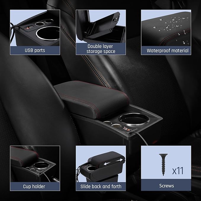 YJYWZH Car Armrest Box Fit for Ford Fiesta 3 2011-2019 MK7 Accessories Center Console Cup Holder Double Layer Storage Organizer Box with 2 USB Fast Charging Ports, Red Stitches