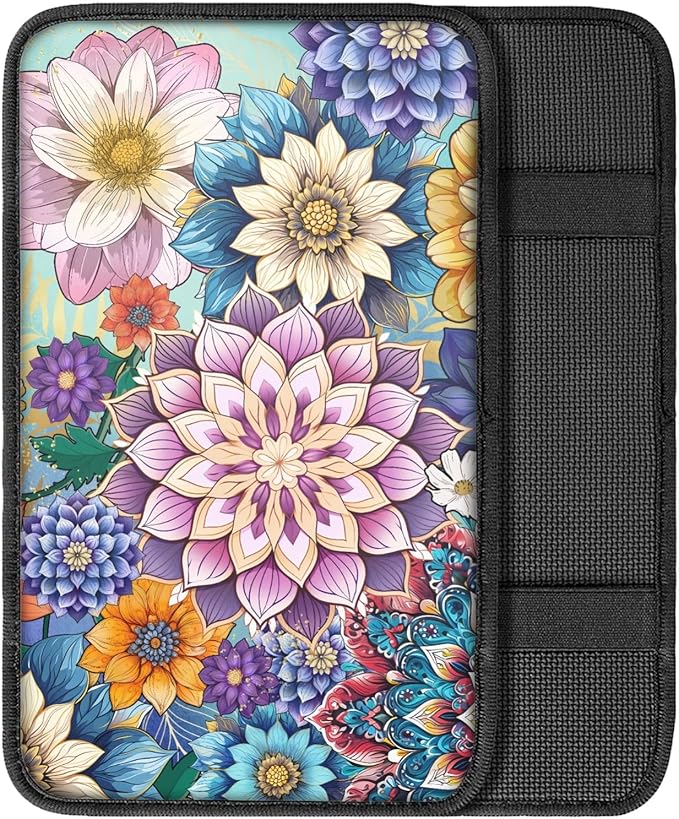 UNICEU Car Center Console Armrest Cover Pad for Women, Boho Flowers Bright Blossom Auto Interior Decor Neoprene Car Armrest Box Protector Cover