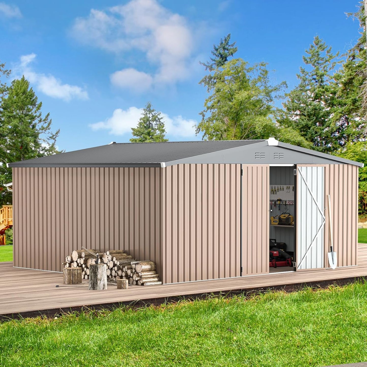 U-MAX Storage Shed 14x12 Outdoor Shed, Large Metal Outside Storage Garden Sheds & Outdoor Storage Shed Clearance, 12x14 Tool Shed Outdoor Storage Lockable for Backyard, Patio and Outside Use in Gray