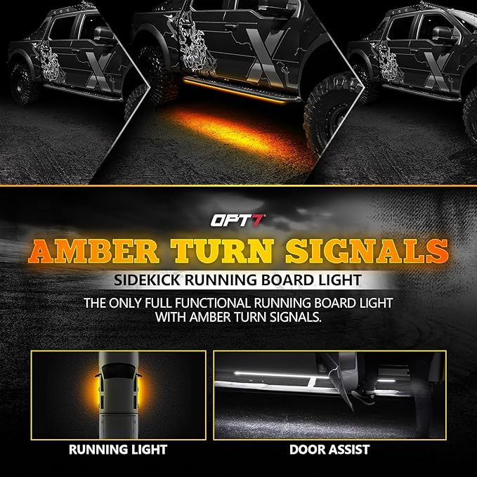 OPT7 Sidekick 60" Running Board Lights 2PCS LED Strips w/Amber Turn Signal Side Marker, DRL, White Courtesy Light for Regular Super Cab Trucks Pickup SUV Trailer - Truck Decorations