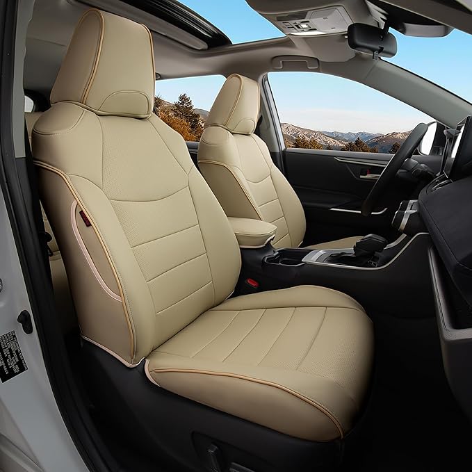 Custom Fit RAV4 Hybrid Seat Cover for Toyota RAV4 2019 2020 2021 2022 2023 2024 2025 Hybrid-LE/XLE/Limited/Woodland Edition/XLE Premium,Faux Leather,2-Row Full Set,(Beige)