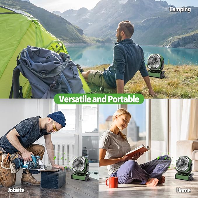 AddAcc 20000mAh Rechargeable Camping Fan - Battery Operated Fan with Light & Remote, Auto Oscillating, 4 Timer, 60 Hrs Work Cordless Tent Fan for Travel Outdoor RV Garage Power Outage Emergency