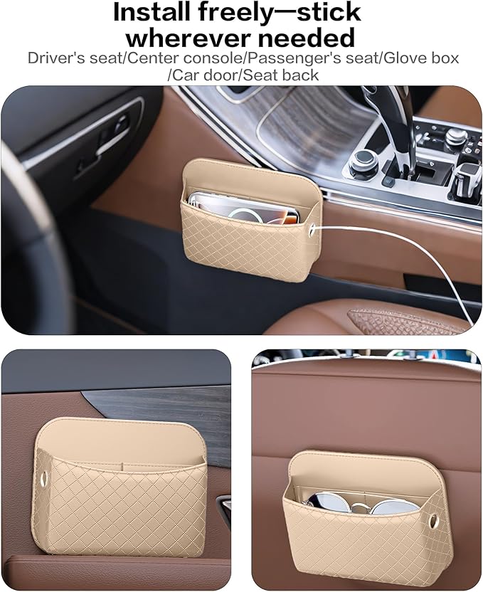 Car Door Organizer, PU Leather Storage Pouch with Strong Sticky Back for Phone, Keys - Fits Car Seat Side Pocket & Console Gap, Universal Car Accessories - Beige
