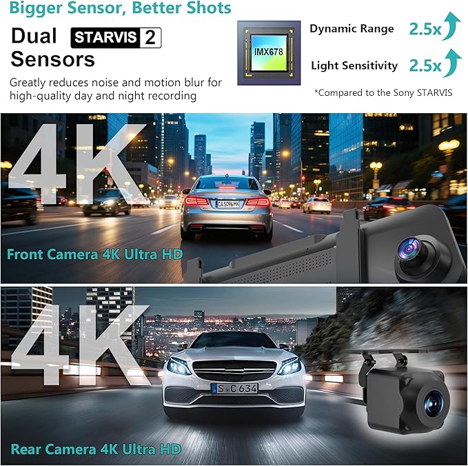 Dual Sony STARVIS 2 IMX678 Sensors 4K+4K Mirror Dash Cam Front and Rear, 12" Smart Rear View Camera with ADAS Blind Spot Detection, Super Night Vision HDR, 5G WiFi GPS, 64GB, 24H Parking